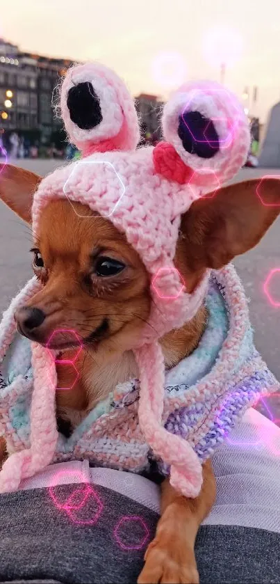 Chihuahua wearing a cute pink knitted hat with neon glow effects.