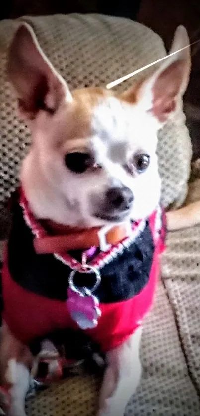 Chihuahua in a red sweater sitting on a couch.