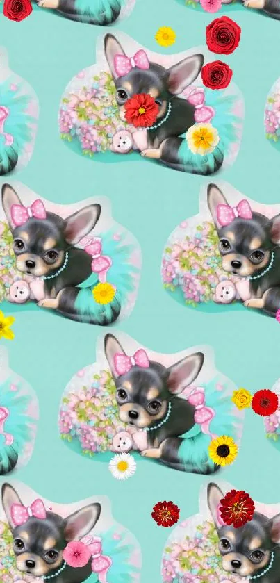 Cute Chihuahua pattern with turquoise background.