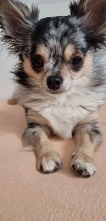 Adorable Chihuahua puppy lying down on a soft beige surface.