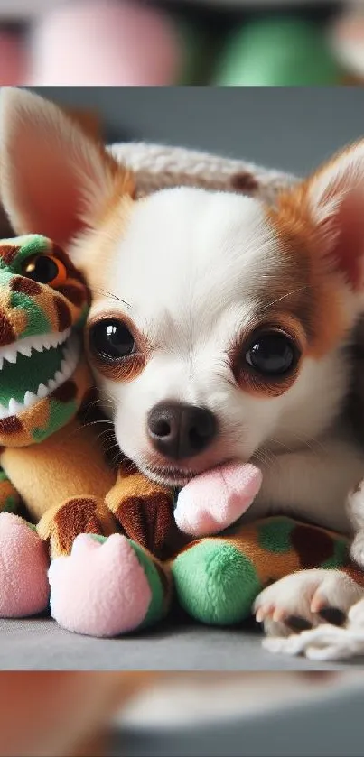 Cute Chihuahua snuggling with a plush toy.