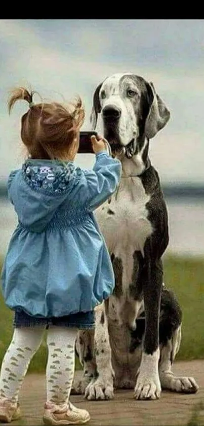 Little girl with pigtails photographing large dog.