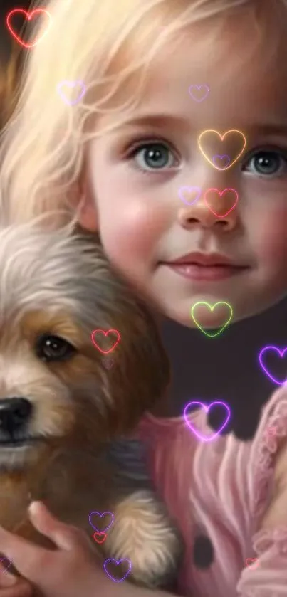 Child with puppy and heart overlay art wallpaper.