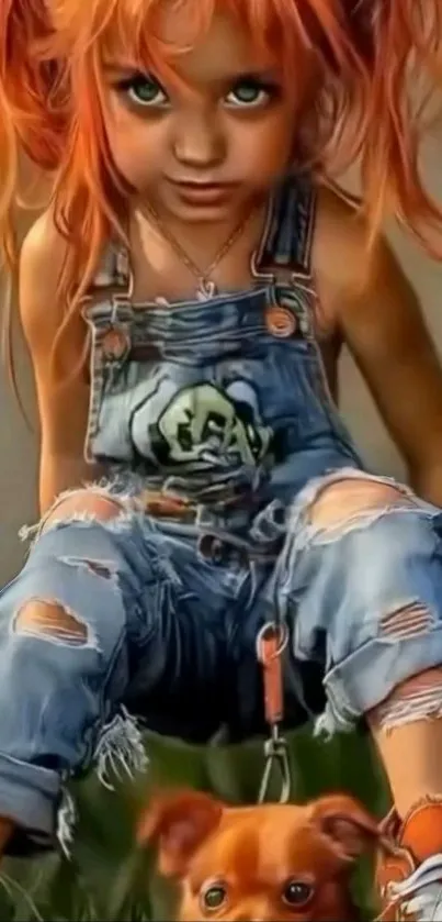 Cute artwork of child with orange hair and puppy.