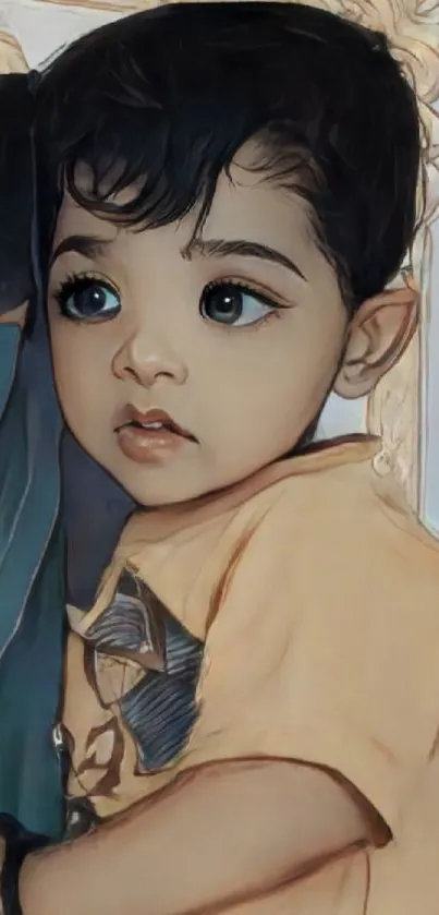 Adorable digital art of a child with big eyes in tan hues.