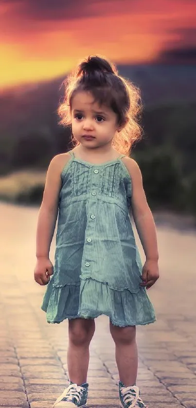 Little girl standing in sunset with serene backdrop.