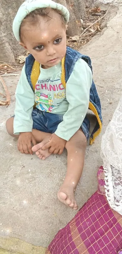 Adorable child sitting by a large tree, looking curious.