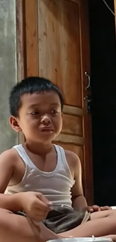 Young boy sitting by wooden door in warm tones.