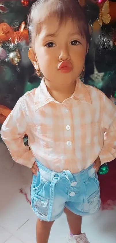 Cute child posing in front of a Christmas tree with colorful ornaments.