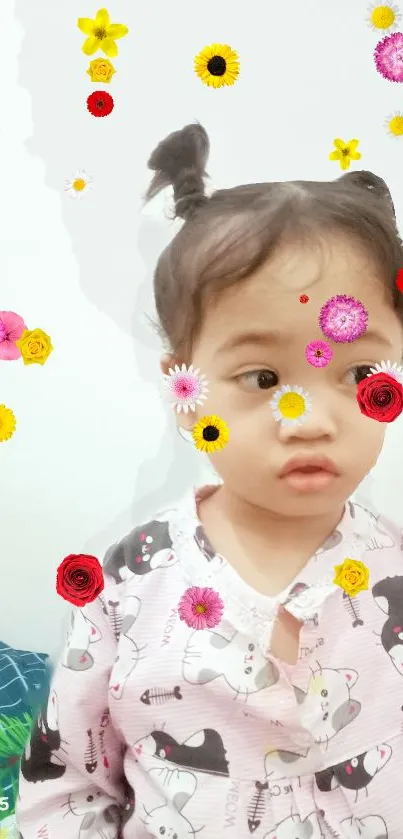 Cute child with colorful floral designs on a white background.