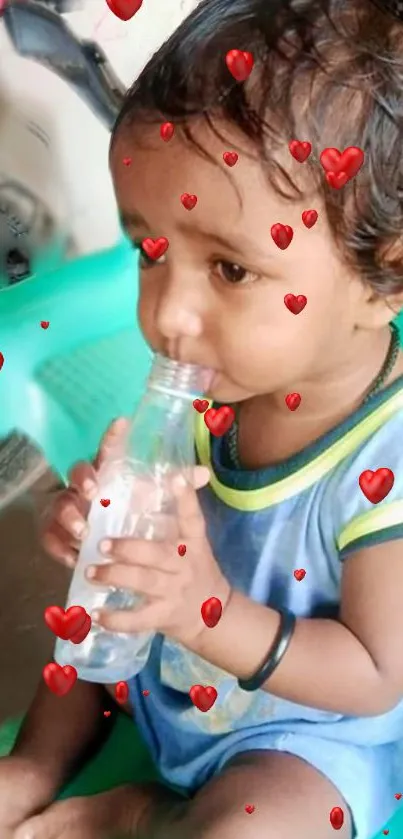 Cute child drinking from a bottle surrounded by red hearts