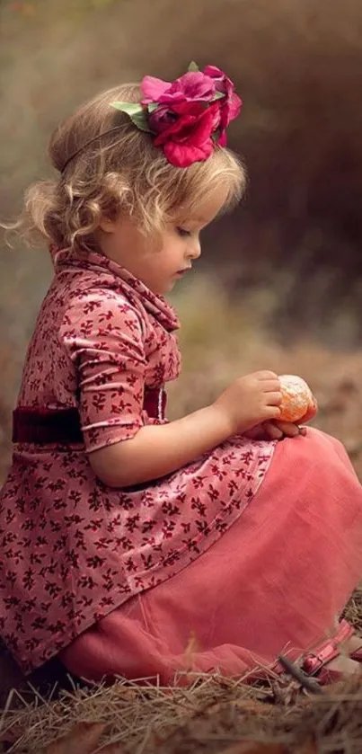 Child in pink dress sitting outdoors with a dreamy autumn backdrop.