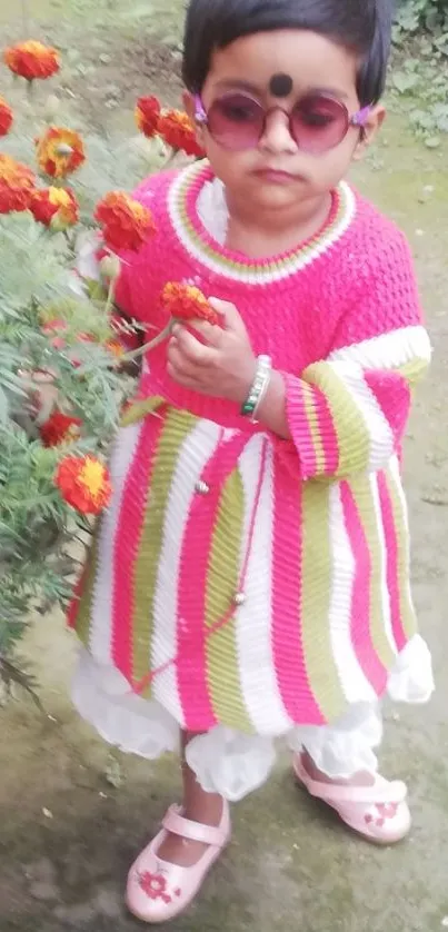 Adorable child in pink and green dress holding flowers.