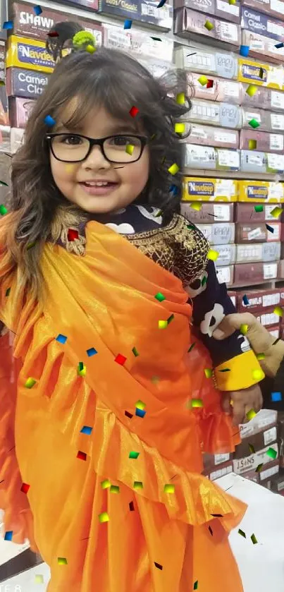 Smiling child in orange saree, surrounded by colorful fabrics in a shop.