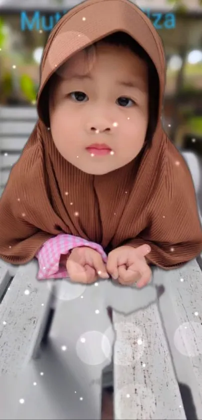 Cute child in a brown hoodie with bokeh background.