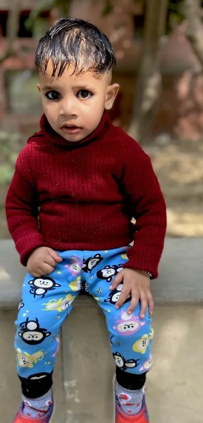 Child sitting in colorful outfit outdoors.