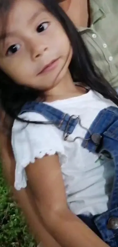 A cute child smiling in denim overalls outdoors.