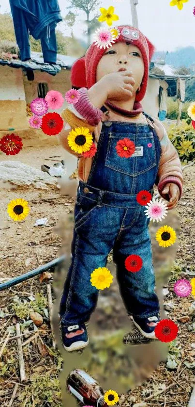 Cute child in blue overalls with colorful flowers surrounding them.