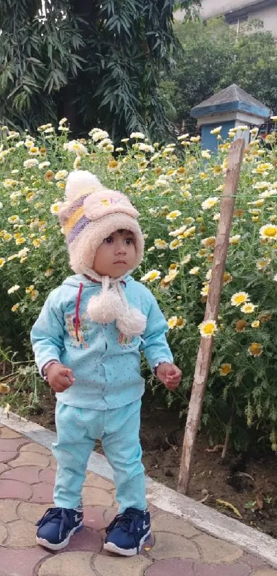 Child in a garden with flowers, wearing warm clothing.