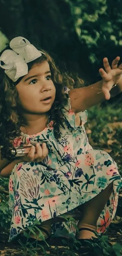 Child in a floral dress surrounded by lush greenery.