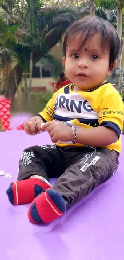 Adorable child sitting on purple surface in garden.