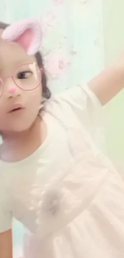 Child with glasses filter wearing a pink dress, set against a pastel background.