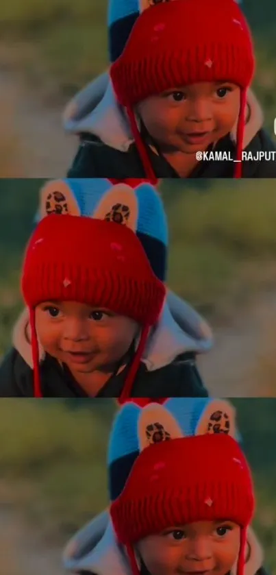 Adorable child wearing a red hat smiles.