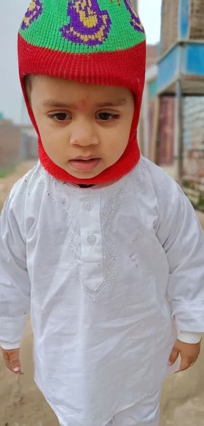 Adorable child in red hat and white traditional attire.