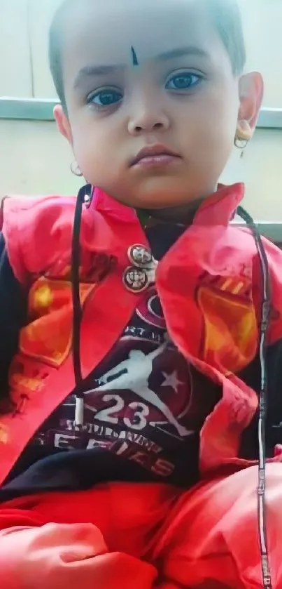 Cute child in a vibrant red outfit sitting on stairs.