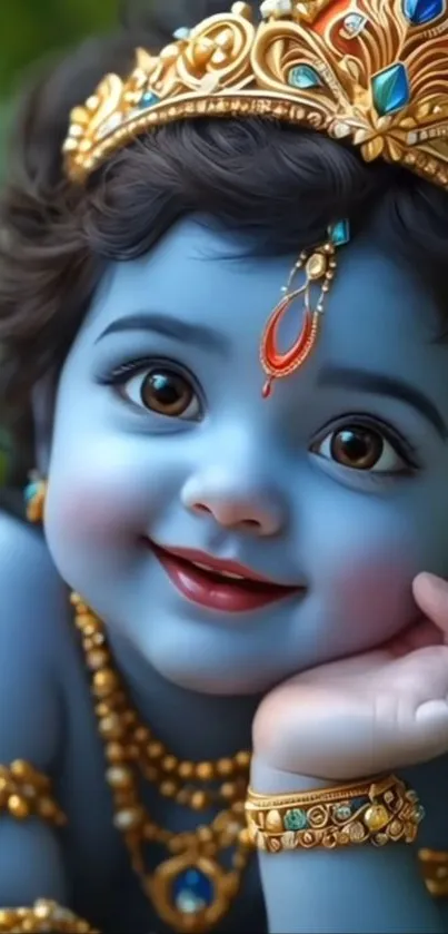 Blue-skinned baby with golden crown and jewelry, smiling sweetly.
