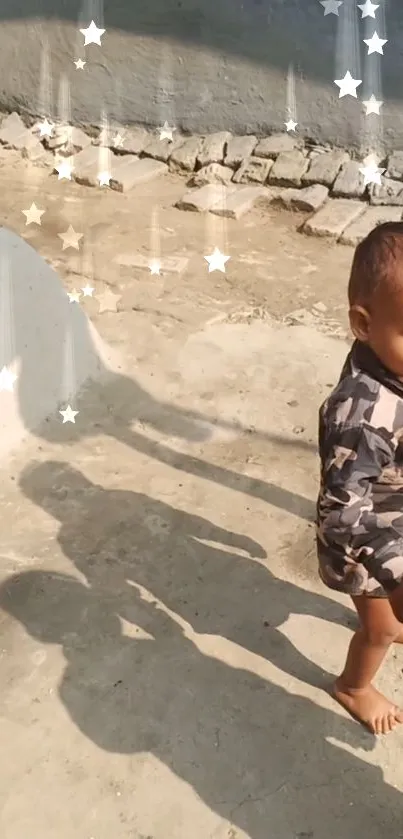 Child playing outdoors with starry light effect.