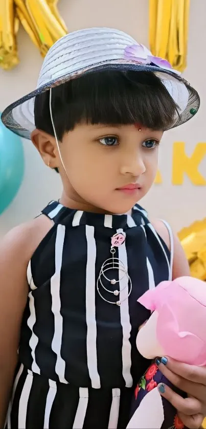 Cute child in striped dress with hat and plush toy.