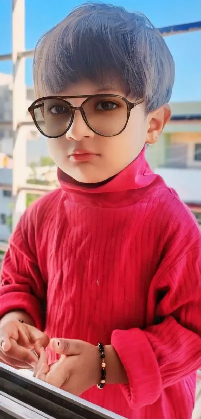 Cute child in glasses wearing a stylish pink outfit with an urban backdrop.