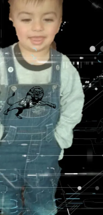 Child in denim overalls on tech-themed background.