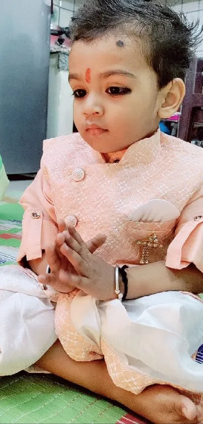 Child in traditional attire sitting with hands folded on a colorful mat.