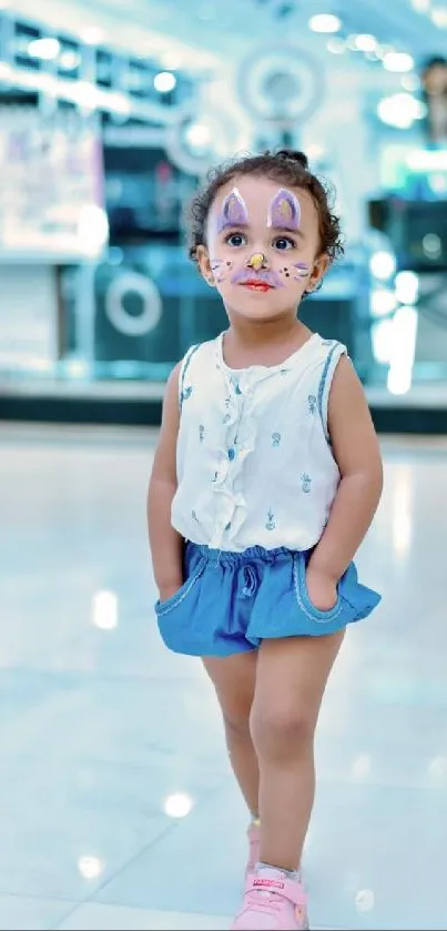 Cute child with face painting walking in a modern mall.