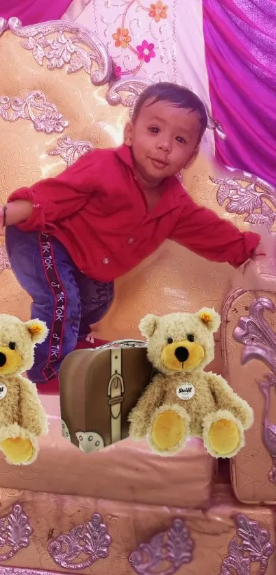 Cute child sitting with teddy bears on a decorative chair.