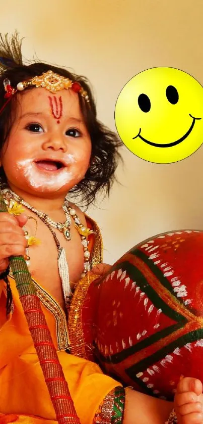 Adorable baby in traditional attire holding a decorative drum with a smiley face.