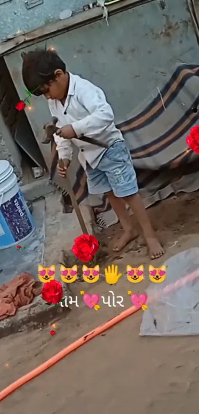 Child playing with digital flowers outdoors, creating a cute and joyful scene.