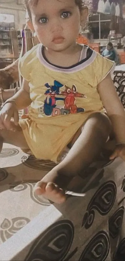 Child in yellow outfit sitting indoors on a patterned surface.