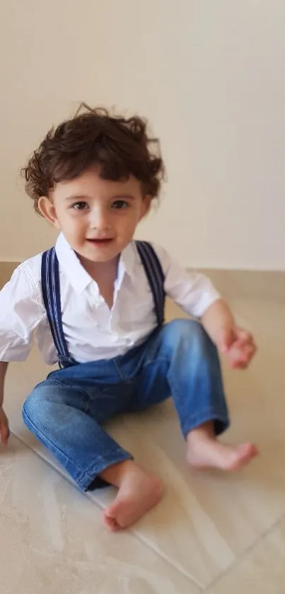 Cute child in casual clothes sitting on a tiled floor.