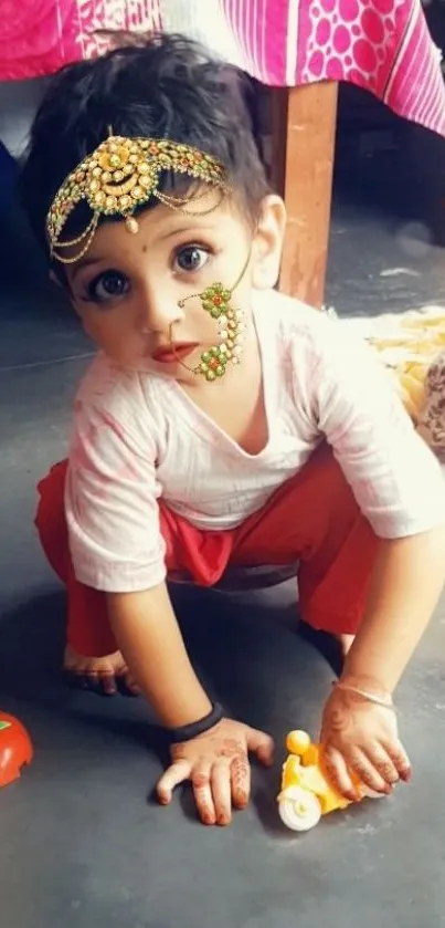 Adorable child in traditional costume with fantasy elements.