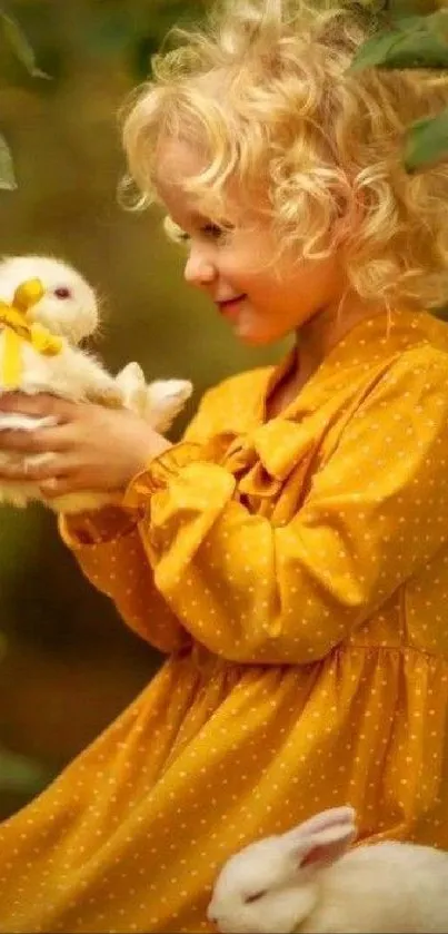 Child in yellow dress holding a fluffy bunny with nature background.