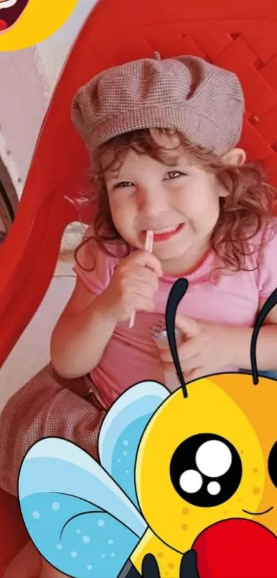 Smiling child with lollipop and cartoon bee on a red chair.