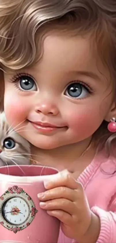 Adorable child holds pink mug with fluffy cat.