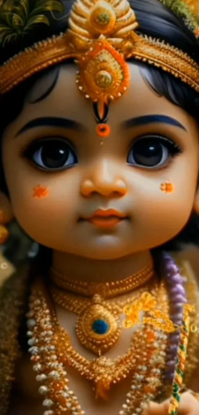 A cute child adorned with intricate golden jewelry.