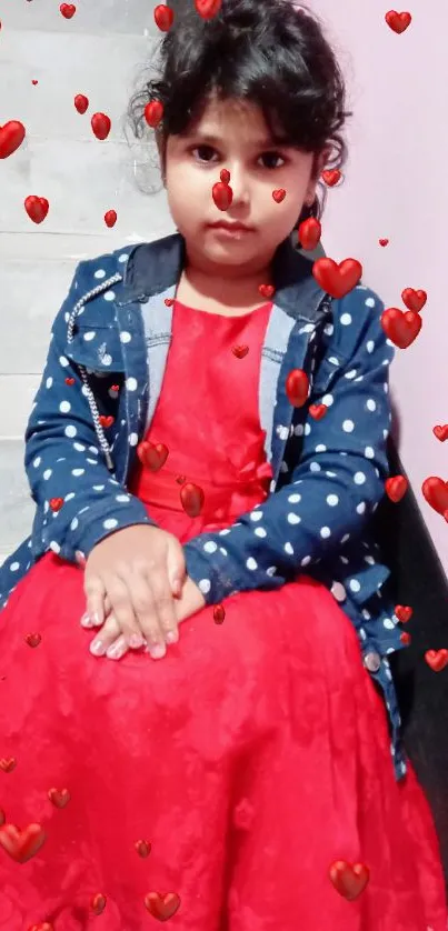 Child in red dress with heart motifs.