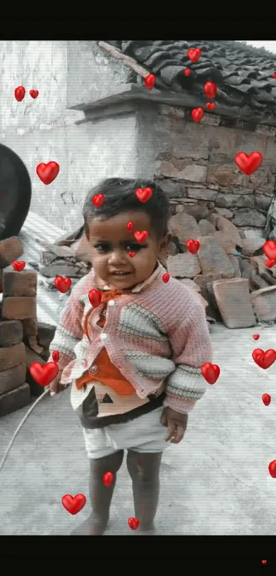 Child standing with hearts in a rustic background.