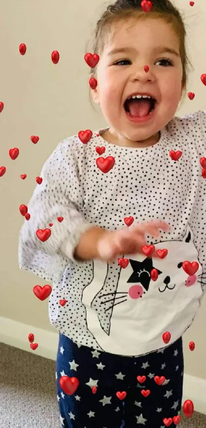 Smiling child with floating red hearts, adorable mobile wallpaper.