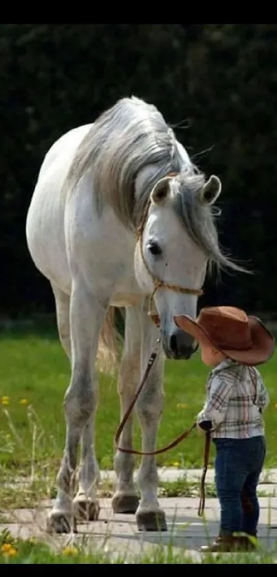 Child in cowboy hat meeting a white horse.